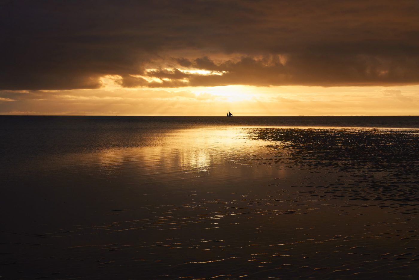 Ein einsamer Vogel sitzt auf dem Mast einer roten Dschunke im goldenen Abendlicht. Das ruhige Meer umgibt das Schiff, während die Küste mit den zerfallenen Klippen in der Ferne liegt.
A solitary bird rests upon the mast of a red junk in golden evening light. Calm water surrounds the ship while the distant coastline fades into the horizon behind it.