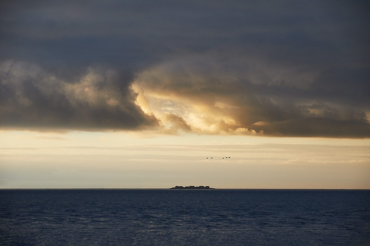 Eine kleine, flache Insel liegt als dunkle Silhouette am Horizont eines ruhigen Meeres. Darüber öffnen schwere Wolken einen goldenen Lichtspalt; einige Vögel ziehen durch die Weite. Das Bild wirkt still, fern, würdevoll und endgültig.
A small, low island forms a dark silhouette on the horizon of a calm sea. Above it, heavy clouds open around a golden passage of light as a few birds cross the vast sky. The scene feels quiet, distant, dignified, and final.